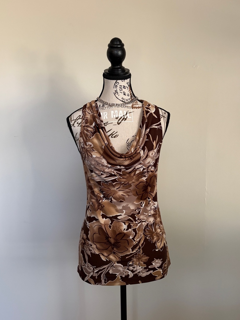 Y2K Le Chateau Brown Beige Floral Fairy Cowl Neck O Ring Back Top